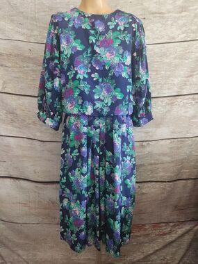 Vintage Navy Floral Midi Dress with Green & Purple Bloom Print